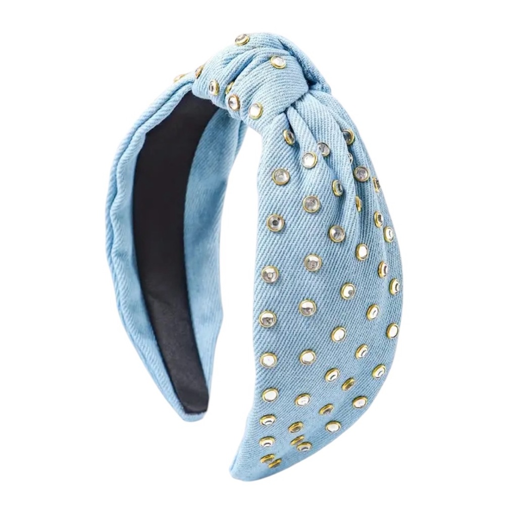 Light Blue Denim Rhinestone Studded Headband